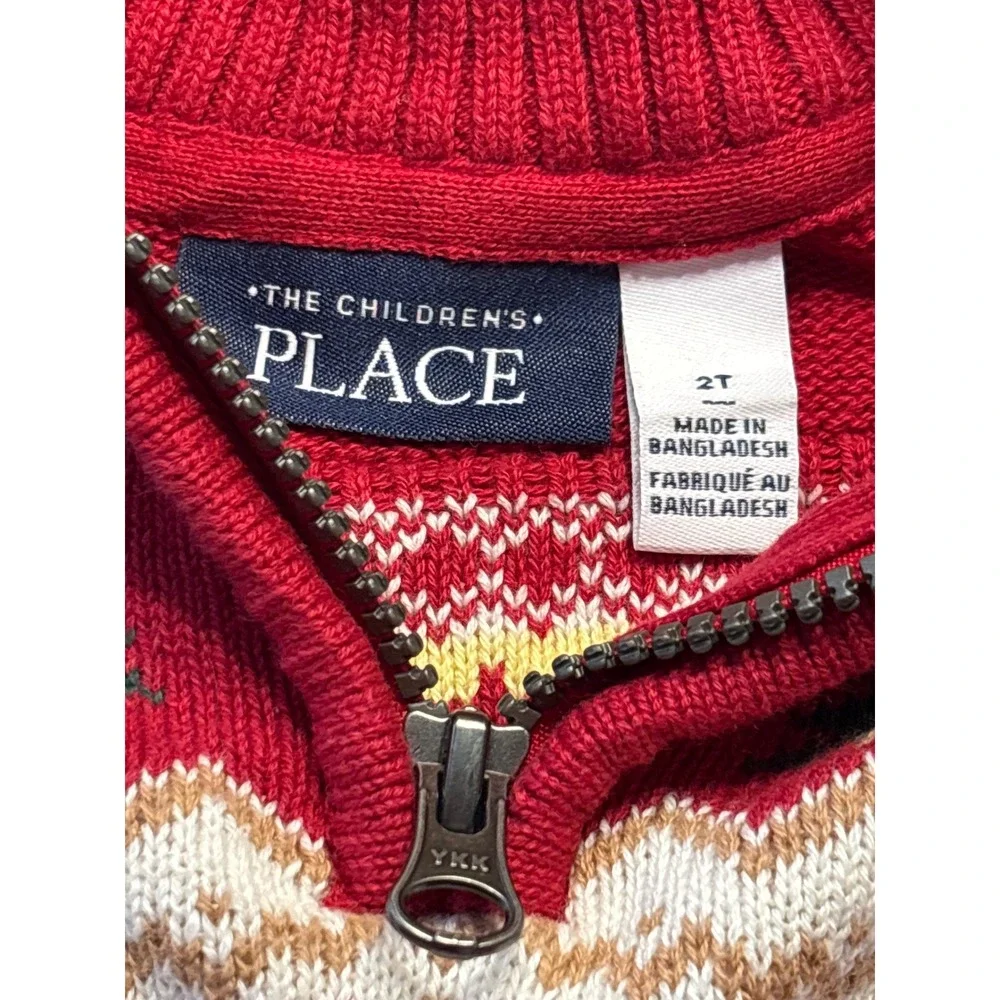 The Childrens Place Toddler Boys Red Snowman Fair Isle Quarter Zip Sweater 2T